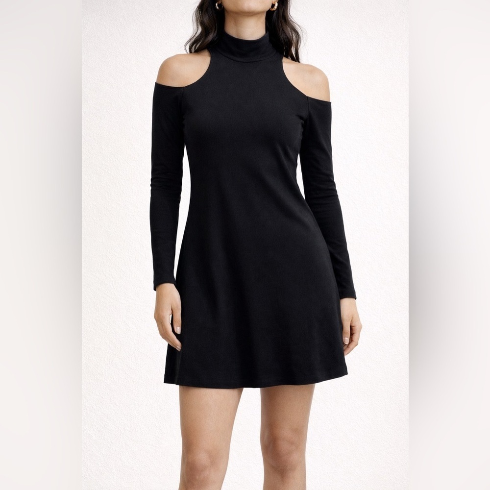 Susana Monaco Black Cold Shoulder Dress Sz S | Long Sleeve Mock Neck A-Line Mini